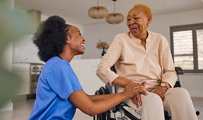 Image showing Black people, nurse and senior holding hands in wheelchair, elderly care and healthcare at home. Happy African female medical caregiver helping old age person with a disability or patient in house