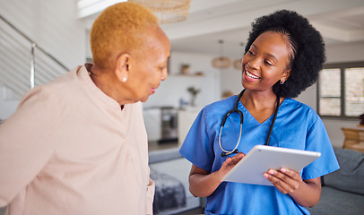 Image showing Tablet, senior black woman and nurse in home for healthcare, support and help. Caregiver, technology and happy elderly person in consultation with doctor for wellness, nursing and medical service