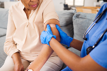 Image showing Senior woman, nurse and plaster for arm vaccine, medical and healthcare treatment for virus safety, flu and wellness. Patient, elderly person or doctor hands with injection bandage in retirement home
