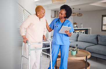 Image showing Old woman, walker and nurse with tablet, disability and health and help, physical therapy and medical results. Arthritis, osteoporosis and support, digital record and female people in rehabilitation