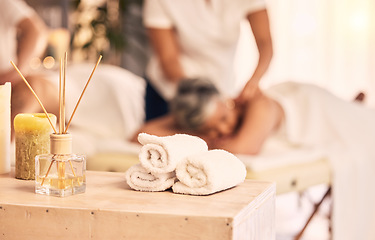 Image showing Spa massage, aroma candle stick and woman at beauty salon for wellness, spiritual service and physiotherapy. Scent smell, aromatherapy incense or relax person with zen peace, calm or masseuse support
