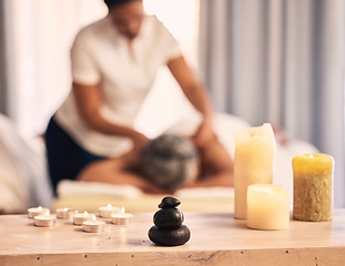 Image showing Massage candles, beauty spa aroma or woman at physiotherapy salon for wellness, spiritual service and body healing. Stress relief, aromatherapy flame or relax person with peace, calm or masseuse help