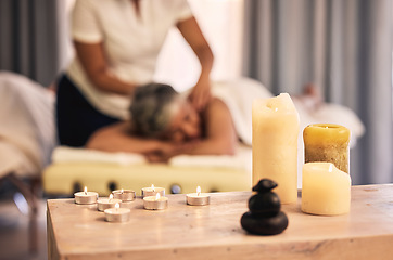 Image showing Massage, spa aroma candles and woman at beauty salon for wellness, spiritual service and body healing. Physiotherapy, aromatherapy flame and relax person with zen peace, calm fire or masseuse support