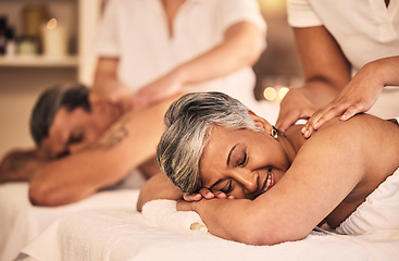 Image showing Relax, retirement and a couple at the spa for a massage together for peace, wellness or bonding. Luxury, hospitality or body care with a senior woman and man in a beauty salon for physical therapy