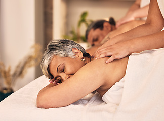 Image showing Relax, elderly and a couple at the spa for a massage together for peace, wellness or bonding. Luxury, hospitality or body care with a senior woman and man in a beauty salon for physical therapy