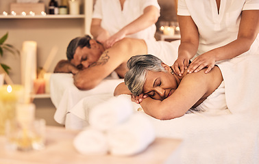 Image showing Relax, hands and an old couple at the spa for a massage together for peace, wellness or bonding. Luxury, treatment or body care with a senior woman and man in a beauty salon for physical therapy