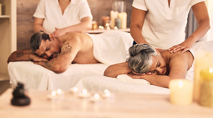 Image showing Relax, senior and a couple at the spa for a massage together for peace, wellness or bonding. Luxury, skin or body care with an old woman and man in a beauty salon for physical therapy or treatment