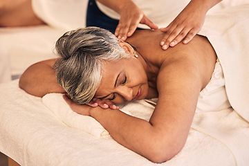 Image showing Woman, spa and back massage for healing, skincare treatment and holistic therapy at beauty salon. Face of calm mature female client relax at wellness resort with cosmetic therapist, peace or zen rest