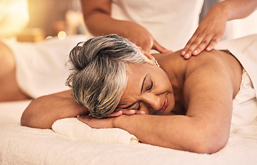 Image showing Face, woman and back massage at spa for healing muscle, skincare treatment or holistic therapy at beauty salon. Calm, relax and mature female client at wellness resort for peace, zen or cosmetic care