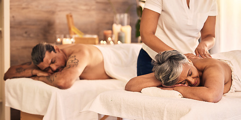 Image showing Beauty, senior and a couple at the spa for a massage together for peace, wellness or bonding. Relax, luxury resort or body care with an old woman and man in a hotel salon for physical therapy