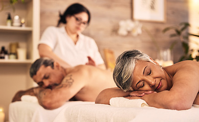Image showing Relax, senior and a couple at the massage salon together for peace, wellness or bonding. Luxury, beauty or body care with an old woman and man in a spa for physical therapy or treatment at a resort