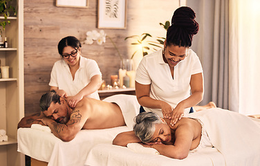 Image showing Relax, happy and an old couple at the spa for a massage together for peace, wellness or bonding. Luxury, hospitality or body care with a senior woman and man in a beauty salon for physical therapy