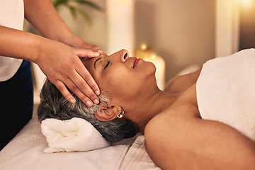 Image showing Woman, head massage and spa for beauty, skincare detox and healing zen therapy at cosmetic salon. Face, calm and mature female client relax for wellness, reiki and facial acupressure with beautician