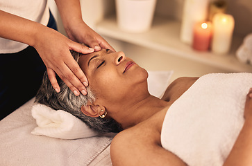 Image showing Woman, face and head massage at spa with beauty therapist, skincare treatment and healing at cosmetics salon. Calm, relax and mature female client at wellness resort for reiki and facial acupressure