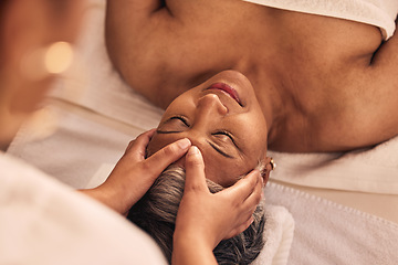 Image showing Woman, relax and spa for head massage, skincare detox or holistic zen therapy at beauty salon from above. Face, calm and mature female client at wellness resort for reiki, peace or facial acupressure