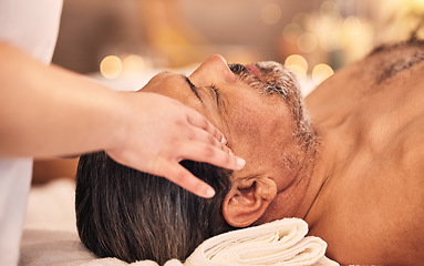Image showing Man, facial and head massage at spa for break, skincare therapy and holistic healing at cosmetics salon. Face, peace or calm mature male client relax for zen wellness, acupressure and scalp treatment