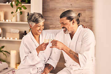 Image showing Spa, champagne and happy couple toast in massage, vacation or holiday celebration, love and romance. Wine glasses, excited or senior people in luxury, wellness and relax, hospitality service or hotel