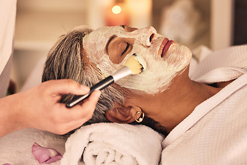 Image showing Woman, spa and brush cream face mask for skincare treatment, relax or detox at beauty salon. Calm mature female client at wellness resort for facial cleaning, hydration cosmetics and peeling for glow