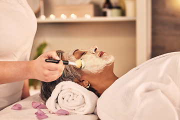 Image showing Woman, relax and brush face mask at spa, skincare treatment and zen therapy in beauty salon. Calm mature female person at wellness resort for facial cleaning, hydration cosmetics and dermatology glow