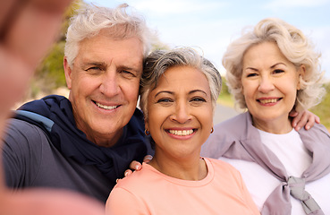 Image showing Senior runner friends, outdoor selfie and smile for fitness, portrait and diversity for social media. Elderly man, women and photography for memory, blog or profile picture for exercise in retirement
