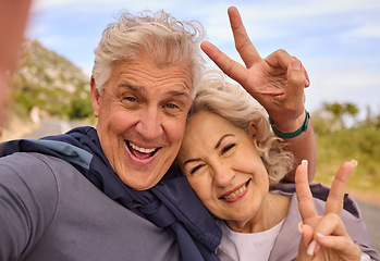 Image showing Senior couple, fitness and selfie with peace sign for smile, outdoor and nature for portrait together. Elderly man, woman and hand for emoji, health and love for profile picture, training and workout