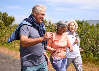 Image showing Senior friends, running and nature on street, fitness and happy for training, diversity and wellness in summer. Man, women and outdoor for workout, exercise or conversation with energy in countryside