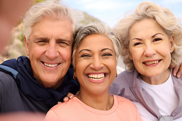 Image showing Senior runner friends, selfie and nature with smile, fitness and portrait for diversity on social media. Old man, women and photography for memory, blog and profile picture for workout in retirement