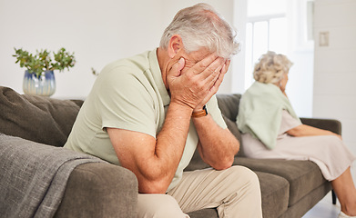 Image showing Man, sad and crying in fight, divorce and stress of breakup, shame and mistake on sofa. Frustrated, depression and emotional couple in conflict, crisis and problem of drama, anxiety and marriage fail