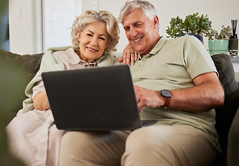Image showing Senior man, woman or laptop on sofa to download movies, reading social media post and online shopping. Happy elderly couple scroll website, internet blog or news subscription on computer tech at home