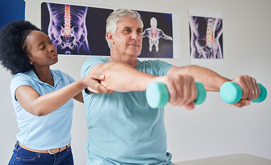 Image showing Dumbbells, senior man and physiotherapy with black woman for help at clinic for workout or with training. Patient, physical therapy and help with nurse or equipment in nursing home or rehabilitation.