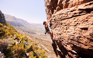 Image showing Fitness, rock climbing and explore with woman on mountain for sports, adventure and challenge. Health, workout and hiking with person training on cliff for travel, freedom and exercise mockup