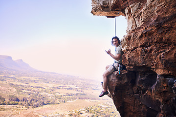 Image showing Rock climbing, shaka and portrait with man on mountains for sports, space and adventure. Nature, exercise and travel with person training on cliff for rope, challenge and performance mockup