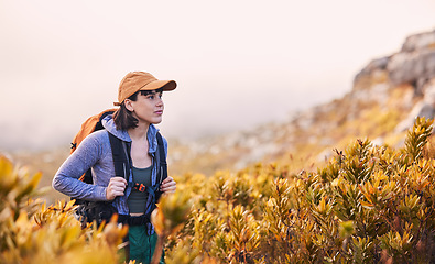 Image showing Mountains, hiking and woman thinking of nature journey, travel and outdoor adventure in bush or plants. Young person in South Africa search field or location for trekking and walking in backpack gear