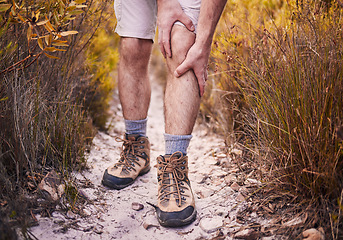 Image showing Hiking, leg pain and shoes of man in nature for injury, training and accident. Emergency, healthcare and inflammation with closeup of person walking on path for muscle, trekking and exercise problem