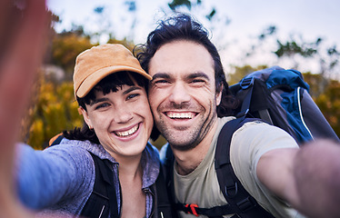 Image showing Hiking, selfie and portrait couple on mountain for adventure, holiday and freedom outdoors. Travel, dating and happy man and woman smile for picture to explore, trekking and backpacking in nature