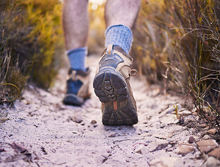 Image showing Hiking, fitness and shoes of man in nature for relax, explore and trekking adventure. Travel, workout and exercise with closeup of person walking on forest path for training, sports and health