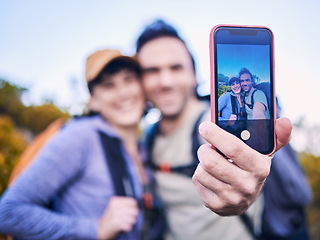 Image showing Hiking, nature and couple with selfie on screen for adventure, holiday and journey on mountain. Travel, dating and happy man and woman take picture on phone to explore, trekking and backpacking