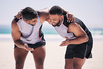 Image showing Teamwork, beach or men planning a volleyball strategy for sports motivation, mission or support in summer. Smile, fitness match or happy athletes in huddle for goals, target or training game outdoors