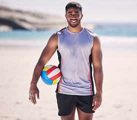 Image showing Beach, sports and portrait of man with volleyball for training, exercise and cardio health in nature. Ocean, game and happy face of male player smile at sea for fun, fitness and workout performance