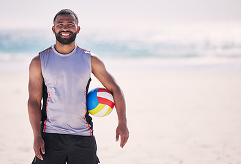 Image showing Beach, portrait and happy man with volleyball for training, exercise and cardio in nature. Ocean, face and male player smile at sea for fun, fitness and workout, challenge or game on mockup space