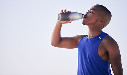 Image showing Fitness, black man and drinking water outdoor for training, running and morning cardio on mockup space. Exercise, break and African male person and runner with drink for hydration, health and workout