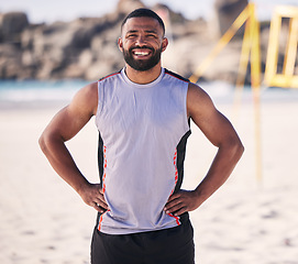 Image showing Portrait, beach and man with confidence for volleyball for fitness or cardio with sports person. Happy, face and male athlete at ocean for fun in nature with outdoor game for challenge or cardio.