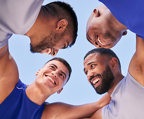 Image showing Teamwork, low angle or happy men in huddle with volleyball match strategy for motivation, mission or support. Fitness, smile or sports athletes planning goals, group target or training game together