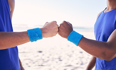 Image showing Beach, hands or men fist bump for teamwork, partnership or unity in fitness or sports community together. Volleyball, friends or closeup of people with goals, support or motivation in collaboration