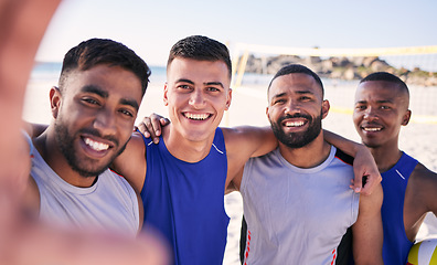 Image showing Selfie, portrait or volleyball team at beach with support in sports training, exercise or fitness workout. Smile, teamwork or happy men on mobile app for social media picture or group photo in game
