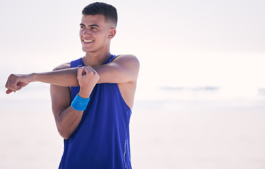 Image showing Thinking, stretching or happy man at beach for volleyball exercise, training match or workout game. Fitness, sports or athlete in muscle warm up, preparation or ready to start activity or competition