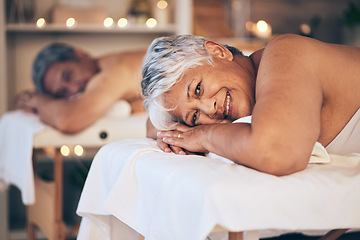 Image showing Senior couple, spa massage and portrait with luxury treatment in retirement with a smile. Woman, beauty salon and hotel room together with cosmetics, wellness and happy from peace and hospitality