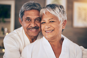 Image showing Happy, love and portrait of old couple in spa for retirement, beauty treatment and skincare. Wellness, smile and hug with senior man and woman relax in salon for massage, hospitality and vacation