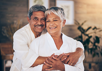 Image showing Happy, hug and portrait of old couple in spa for retirement, beauty treatment and skincare. Wellness, smile and love with senior man and woman relax in salon for massage, hospitality and vacation