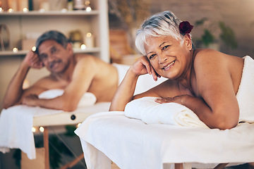 Image showing Senior couple, massage and portrait with luxury treatment in retirement with a smile. Woman, beauty salon and hotel room together with cosmetics, wellness and happy from peace and hospitality